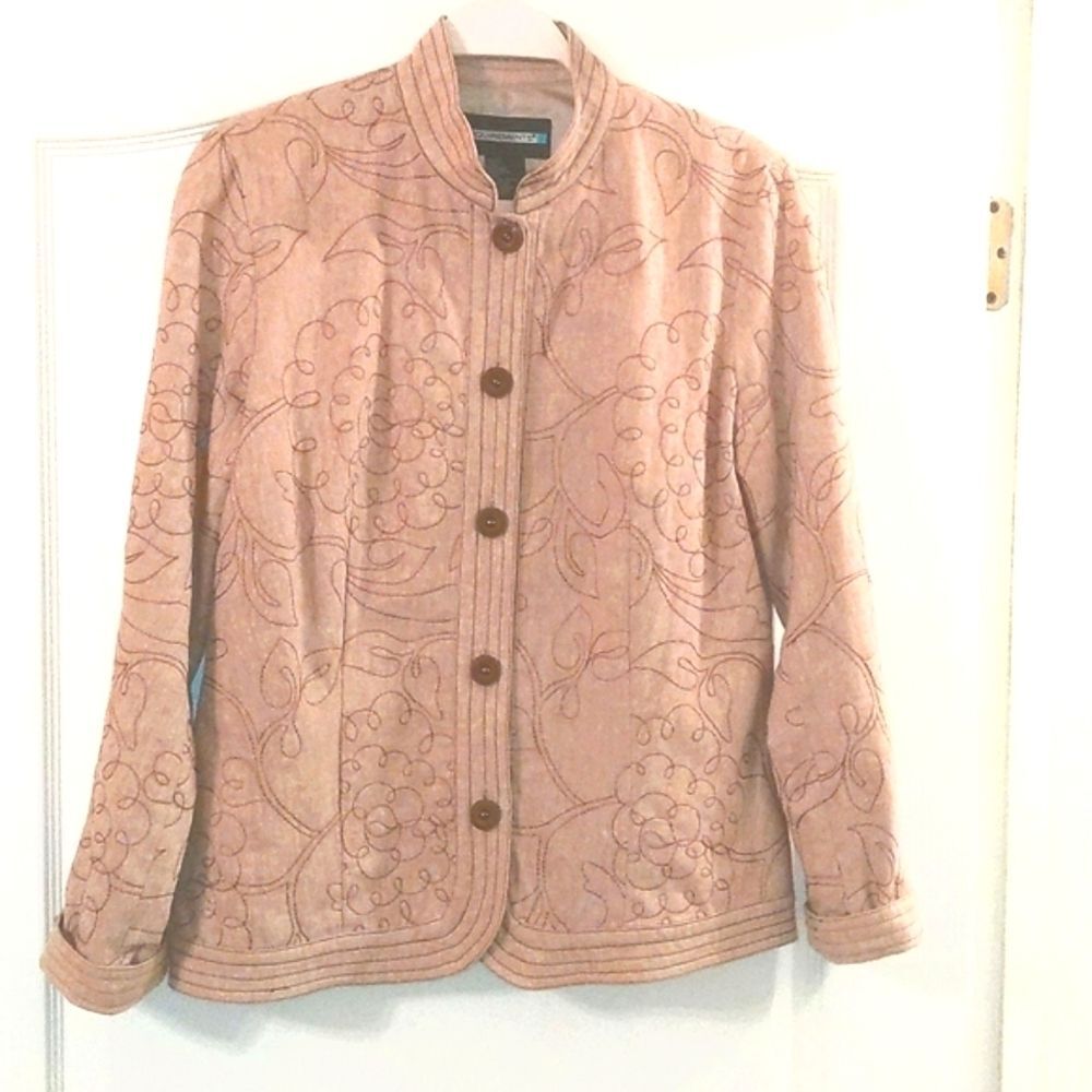 Linen Blazer Jacket Women Tan Cotton Embroidered Office Work Dressy Career Small